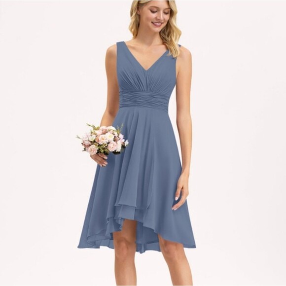 JJ'S House A-line V-Neck Asymmetrical Chiffon Bridesmaid Dress Size 8 - Picture 1 of 10